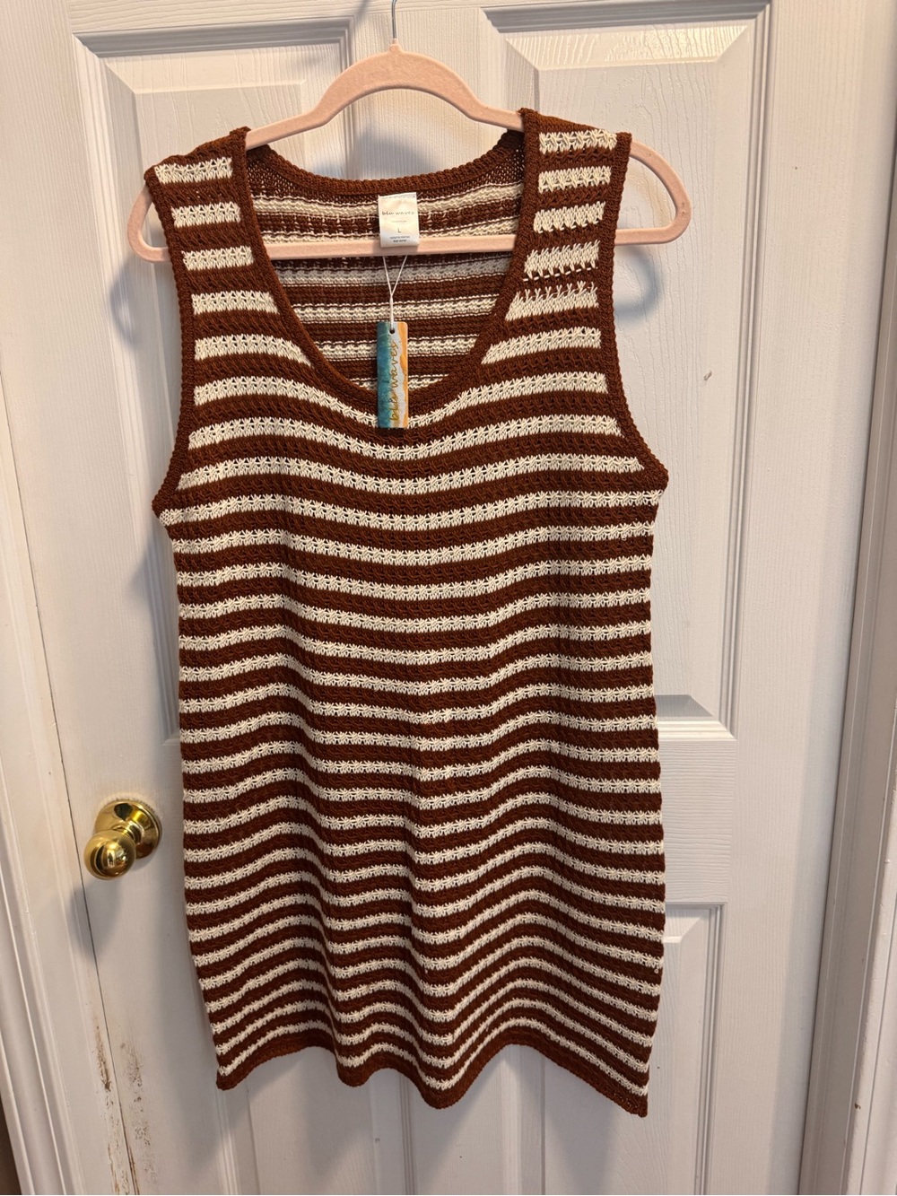 NWT Blu Pepper Large Rust Cream Striped Crochet Knit Sleeveless Sweater Dress